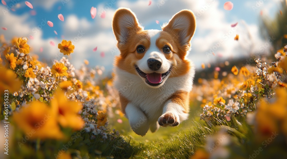 Playful canine leaping amidst a field of blooming flowers. Playful canine leaping amidst a field of blooming flowers.