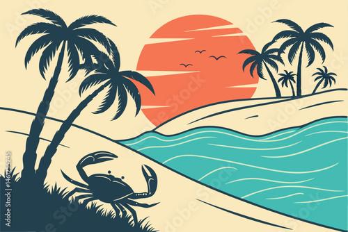 46 Beach scene, silhouette of crab, palm trees, golden sunset, sand dunes, ocean waves, tropical island, minimalist style, flat design, vector illustration, vibrant colors, orange sky, blue water, bla