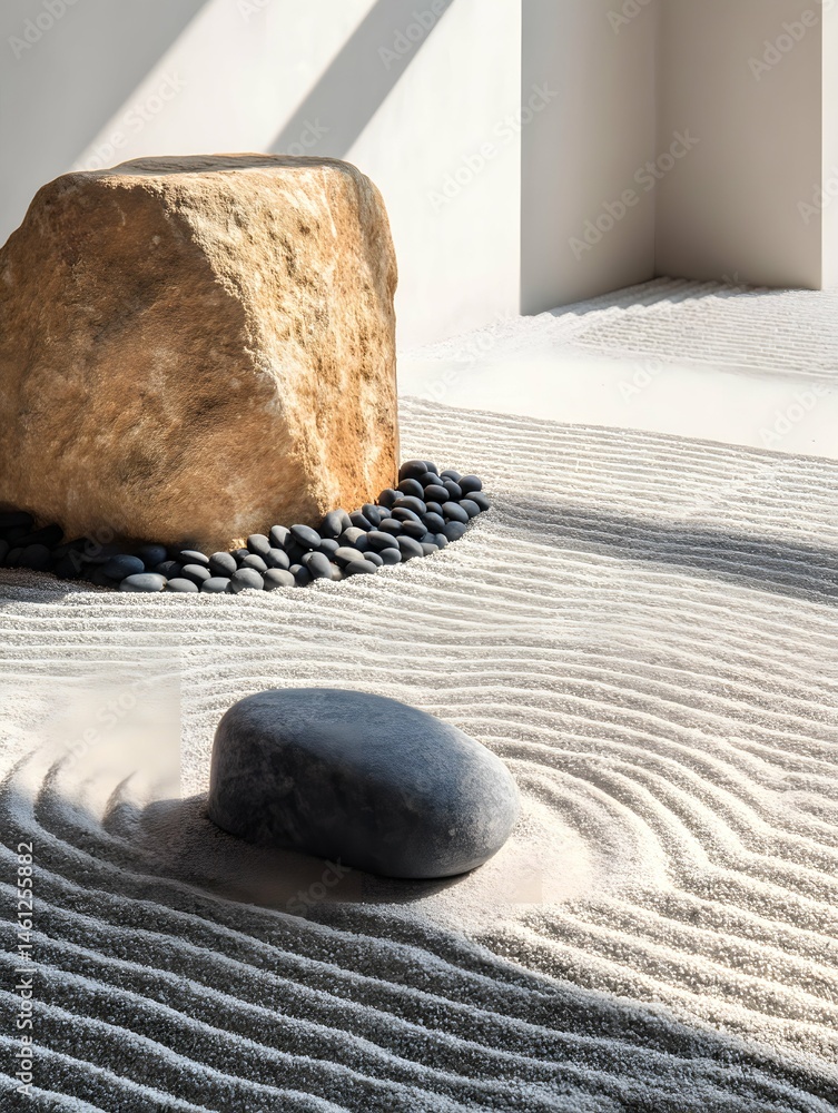 A serene zen garden interior with minimalist decor, pebbles, and calming sand patterns.
