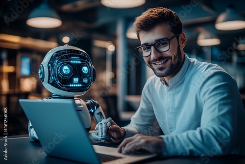Businessmen and humanoid robot work on a project chat bot chatbot ai bot