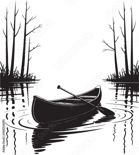 Canoe on Misty Lake at Sunrise Surrounded by Trees – Black and White Line Art Vector