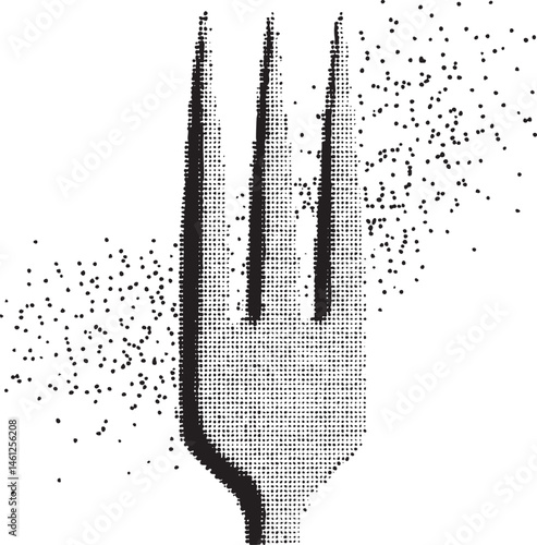 A stark black and white outline of a dinner fork appears against a speckled background.