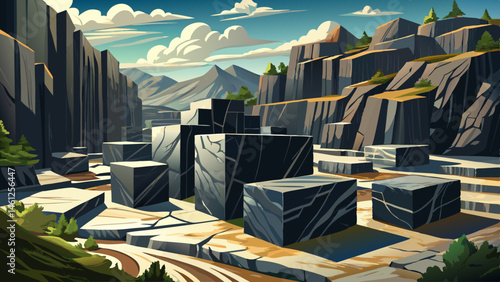 Black marble blocks at quarry site, outdoor, wide