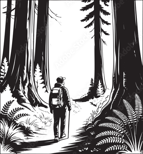 Hiker Walking Through Redwood Forest – Detailed Black and White Line Art Scene