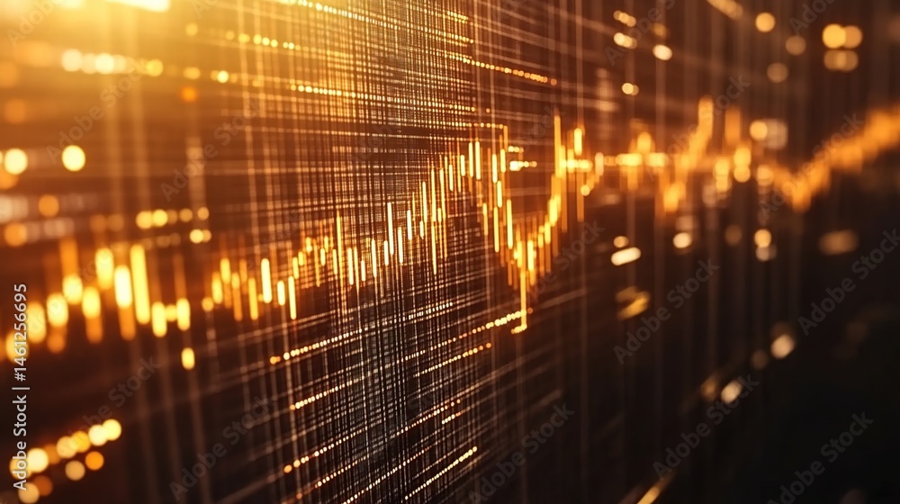 Fototapeta premium A digital financial chart with upward-trending data lines, golden-yellow color, grid background, and a bright light in the upper left corner.