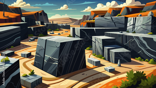 Black marble blocks at quarry site, outdoor, wide