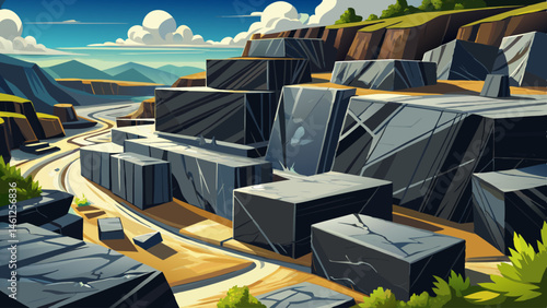 Black marble blocks at quarry site, outdoor, wide