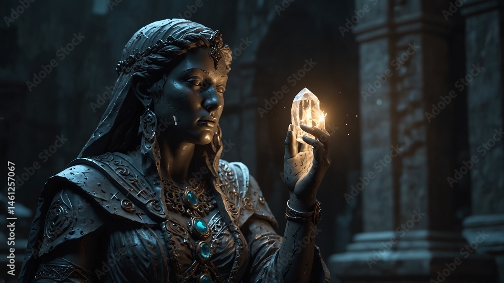A statue of Metia, holding shattered dream-crystals, glowing faintly to guide lost spirits A statue of Metia, holding shattered dream-crystals, glowing faintly to guide lost spirits