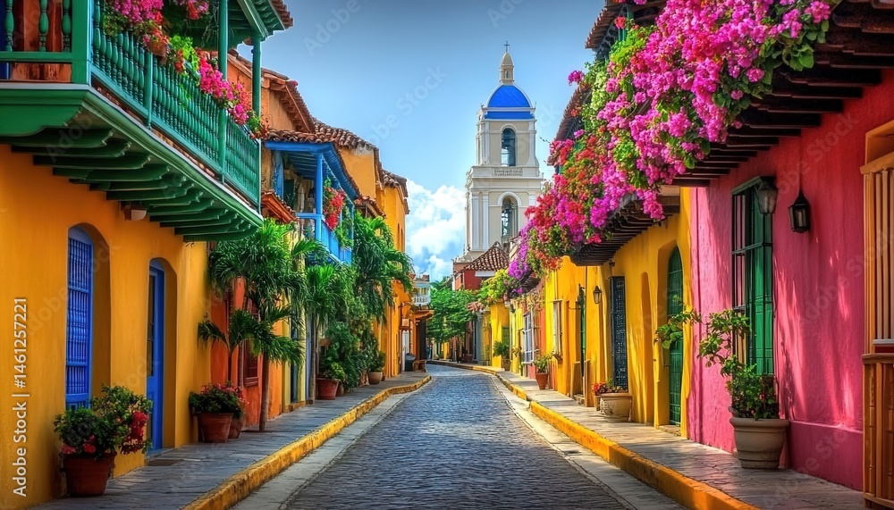 Fototapeta premium A colorful stone-paved street with vibrant buildings, green balconies adorned with flowers, potted plants, and a distant white building with a blue dome.
