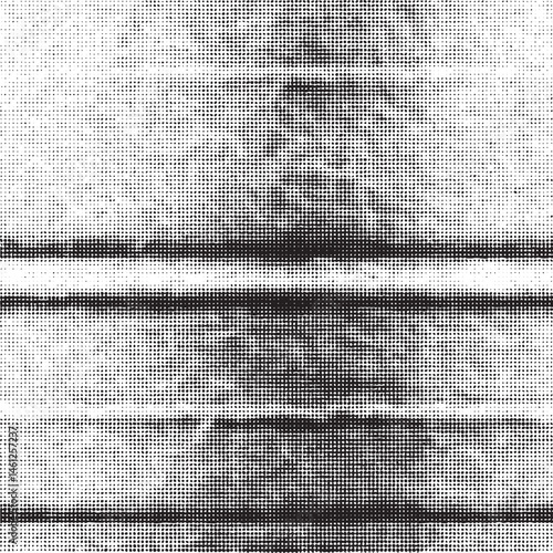 A grayscale portrait of a person's face partially obscured by horizontal lines.