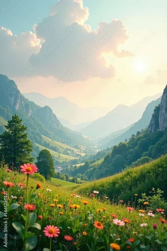 Fototapeta premium Serene Mountain Valley Landscape with Vibrant Wildflowers Blooming at Sunrise