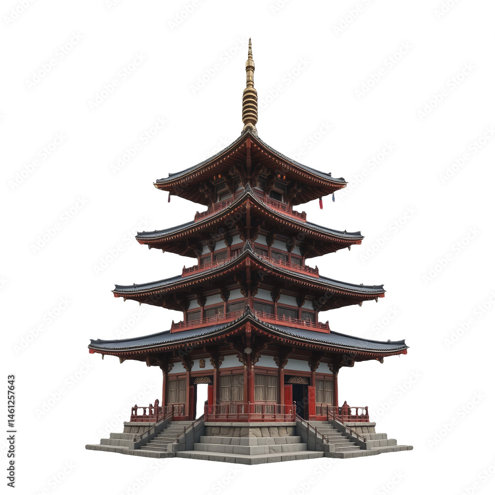 Fototapeta premium A traditional Japanese pagoda with intricate wooden details, tiered rooftops, and red accents, exemplifying classic Eastern architecture