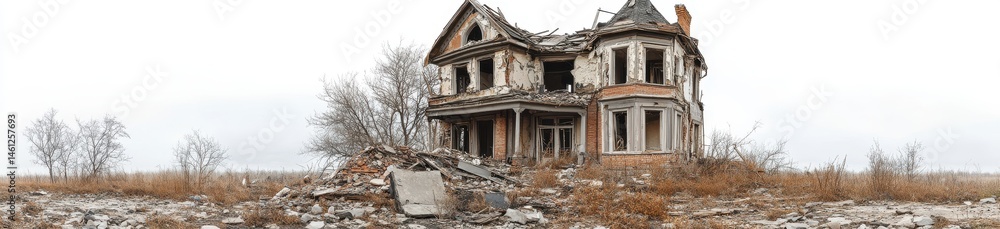 Obraz premium Desolate Ruined House Amidst Rubble and Overgrown Vegetation
