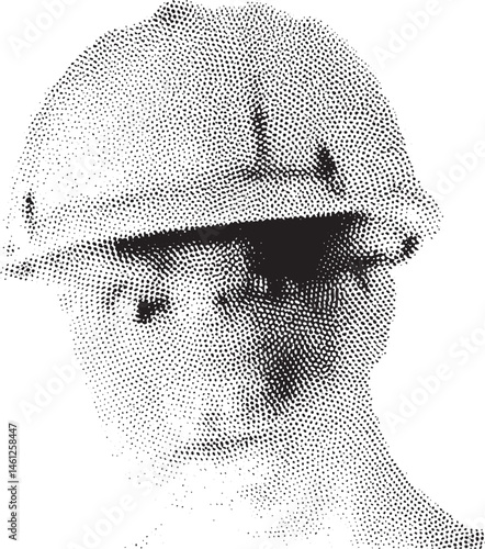 A close-up portrait showcases a person wearing a helmet with focused eyes and a contemplative expression.