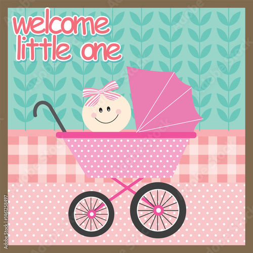 Baby shower card with baby girl and stroller