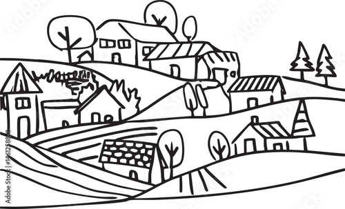 A simple black and white depicts a rural hillside village with scattered buildings.