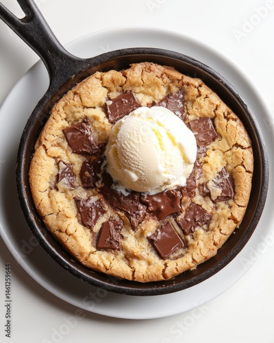 Warm Cookie Skillet – Melted Chocolate Center with Vanilla Ice Cream, Overhead View