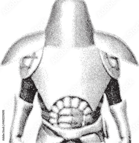 A stylized textured depicts a dark gray insect-like figure wearing protective armor.