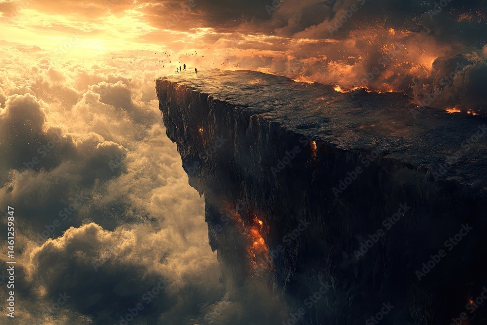 Floating craggy plateau, vibrant sunset, dramatic clouds, small figures