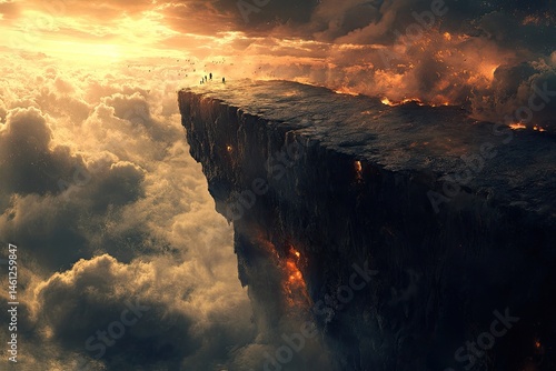 Obraz na płótnie Floating craggy plateau, vibrant sunset, dramatic clouds, small figures w salonie