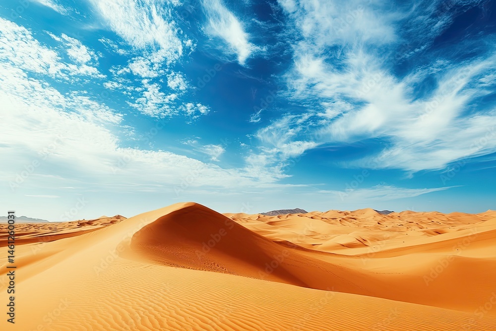 Vast desert landscape under a vibrant sky. Rolling sand dunes stretch to the horizon
