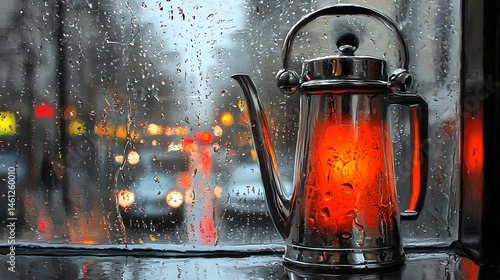 Cozy indoor scene of a teapot on a rainy day for warm and relaxing mood