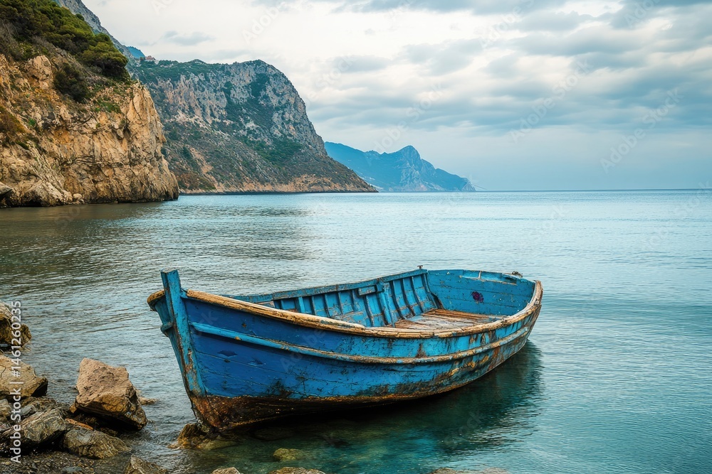 Tranquil coastal scene with weathered fishing boat. Rocky shoreline meets placid sea
