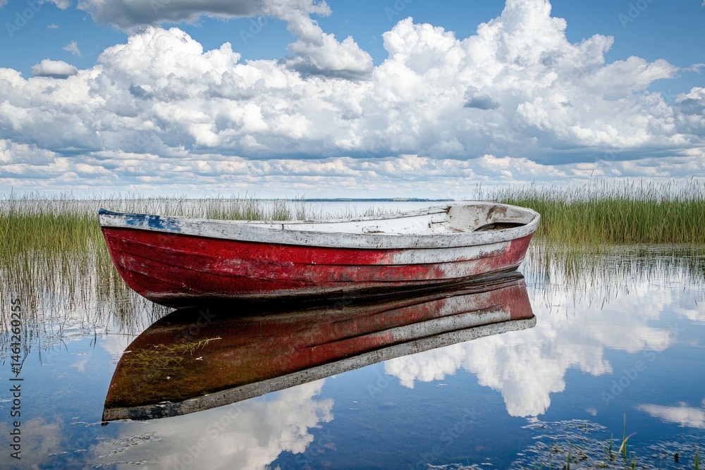 Tranquil lake scene, old wooden boat resting on calm water. Clouds reflected perfectly