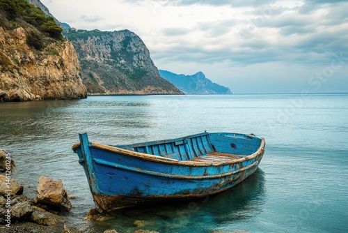 Tranquil coastal scene with weathered fishing boat.  Rocky shoreline meets placid sea
