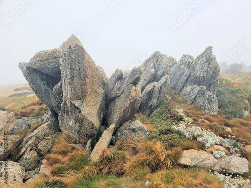 A weather angular granite outcrop on the Kosciuszko Summit Walk in the New  South Wales Snowy Mountains