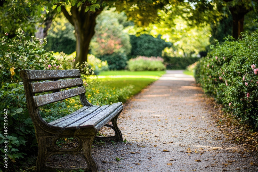 Tranquil park path with weathered bench