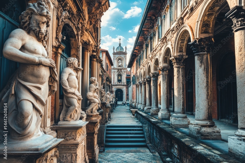 Ornate, sunlit colonnaded courtyard, with classical statues