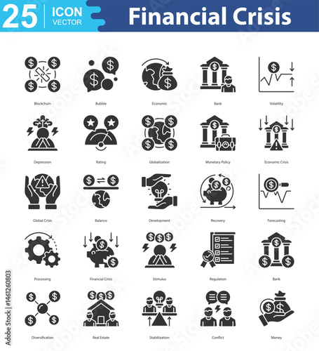 Financial Crisis icon sheet vector illustration blockchain, bubble, economic, bank, volatility, depression, rating, globalization, monetary policy, economic crisis, global crisis, balance, development