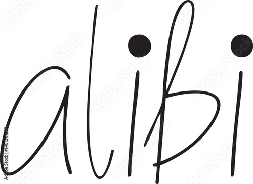 Black calligraphy script forming the word 'alibi' with dark circles as focal points.