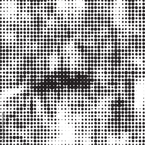 A grayscale portrait emerges from a dense field of repeating black and white dots.