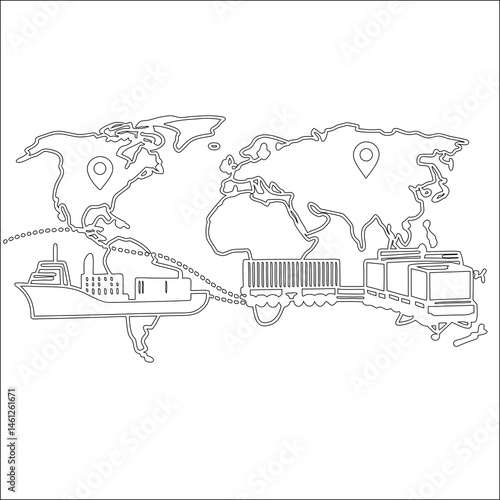 A vector illustration presents a sketched map of a city with urban buildings and a river, resembling an old town drawing
