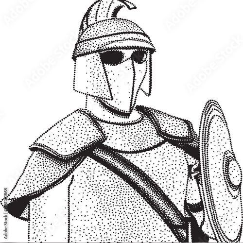 A warrior stands in profile wearing a helmet and holding a shield.