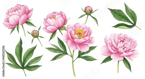 Delicate pink peony flowers and leaves arranged artistically.