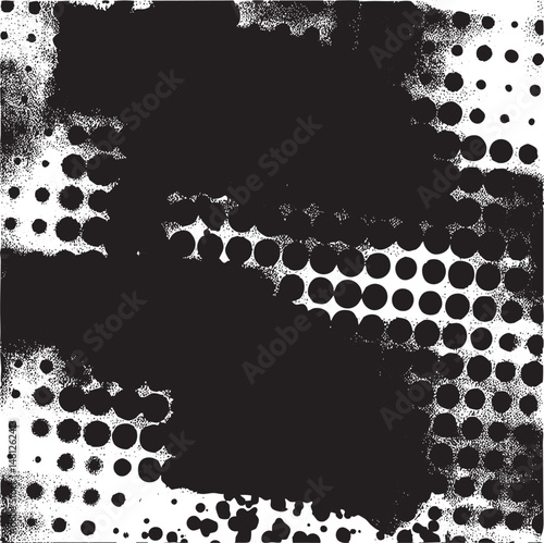 A textured black and white abstract of scattered circles.