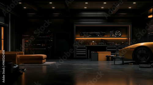 Modern Dark Garage Interior Design With Sports Car