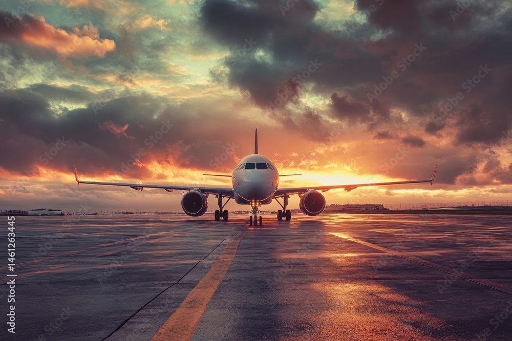 Jetliner on tarmac at sunset. Dramatic clouds