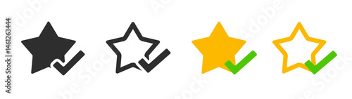 Star review checkmark icon, add to favourite top line stroke thin linear sign symbol pictogram logo set, valuation of best check mark tick solid, confirm solution web image clip art