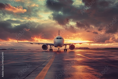 Obraz na płótnie Jetliner on tarmac at sunset. Dramatic clouds w salonie