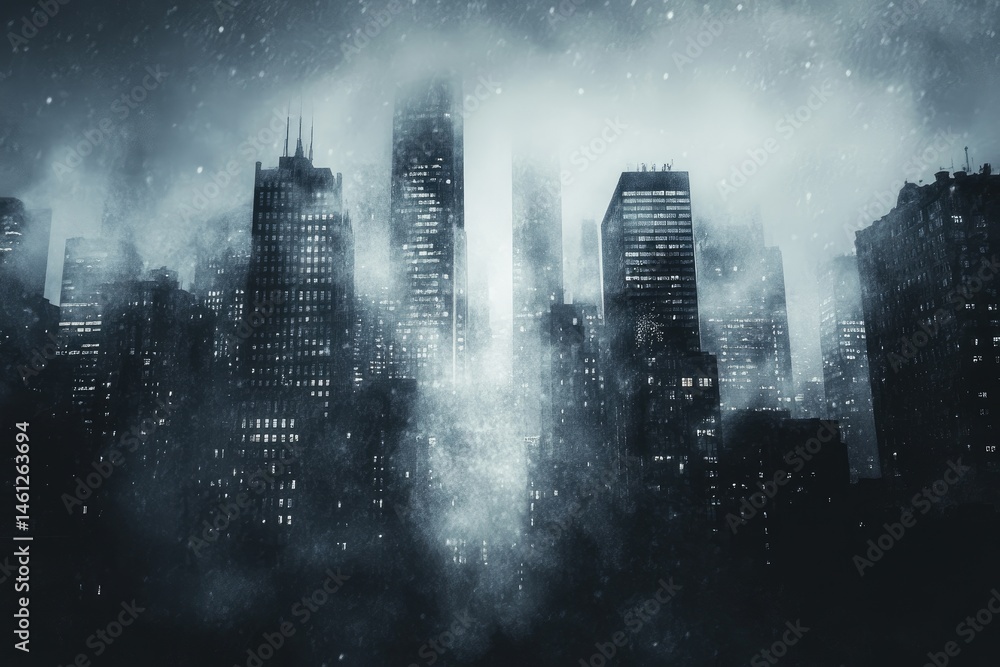 A city shrouded in a thick fog at night, illuminated by city lights