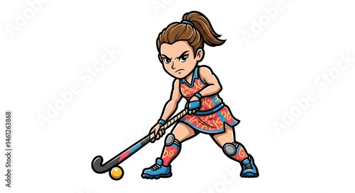 Female Field Hockey Player Cartoon Illustration
