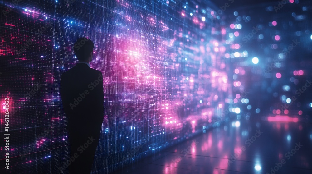 A businessperson standing in front of a holographic network display, futuristic workspace A businessperson standing in front of a holographic network display, futuristic workspace