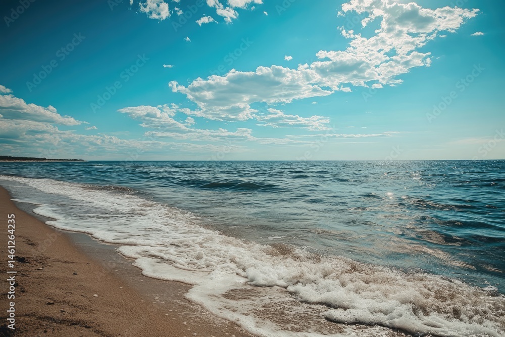 Coastal scene of a sunny beach. Foamy waves lap the shore