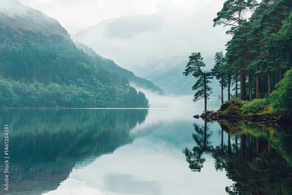 Misty mountain lake reflecting serene forest