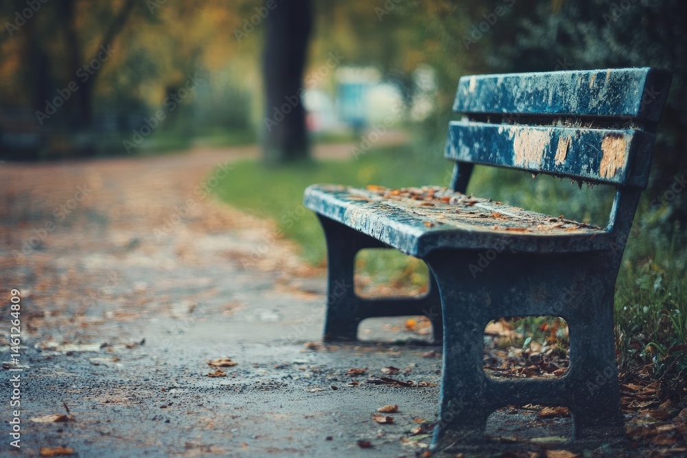 Park bench on a path in autumn