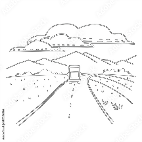 A vector illustration shows a summer city landscape with architecture and trees under a cloudy sky on the road to town